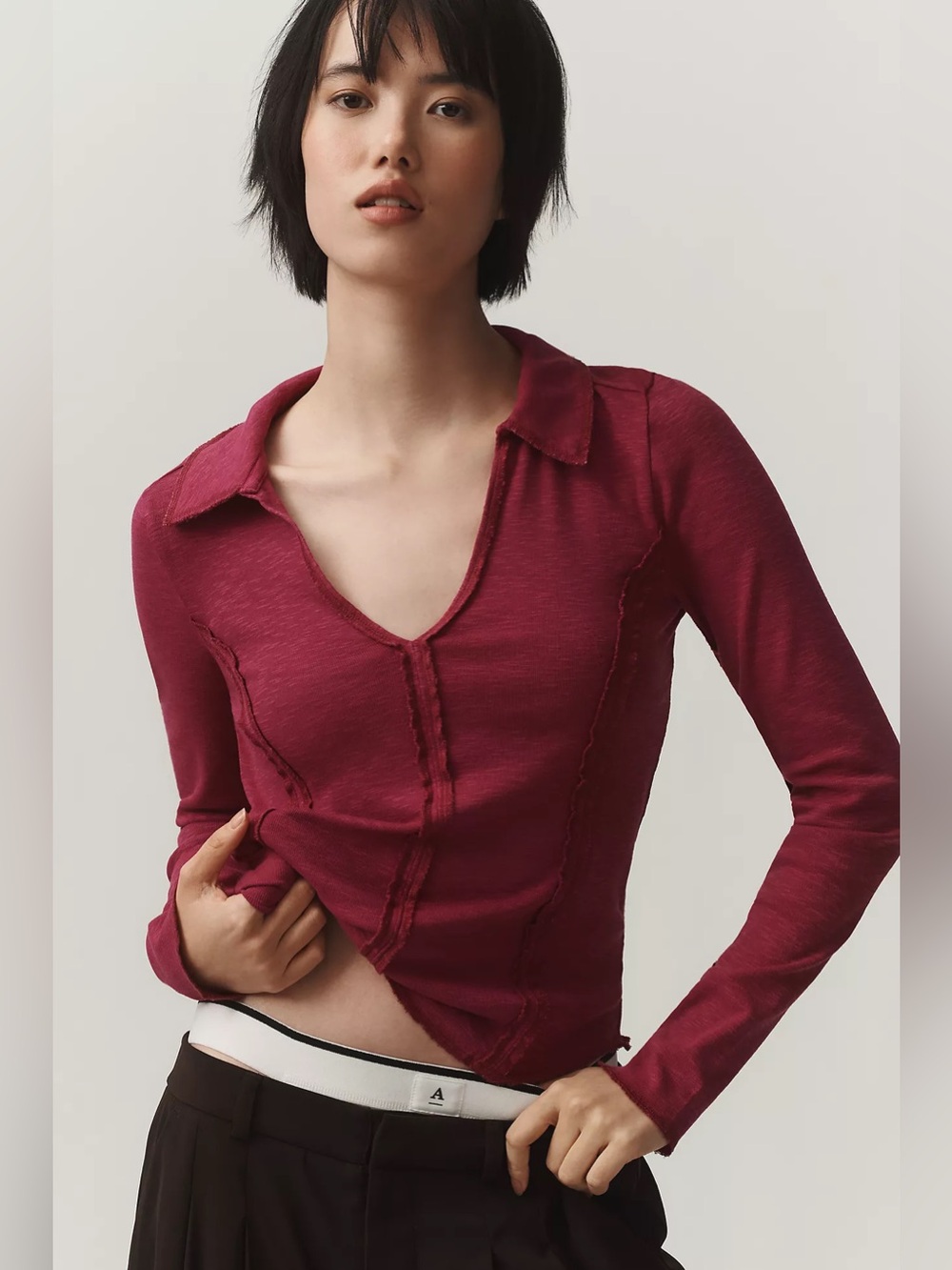 NWT Pilcro Stitched Long Sleeve Top S Red Anthropologie Collared Cotton Blend